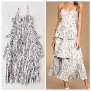 Lulus Cascading Crush Blue Floral Print Tiered Bustier Midi Dress Small